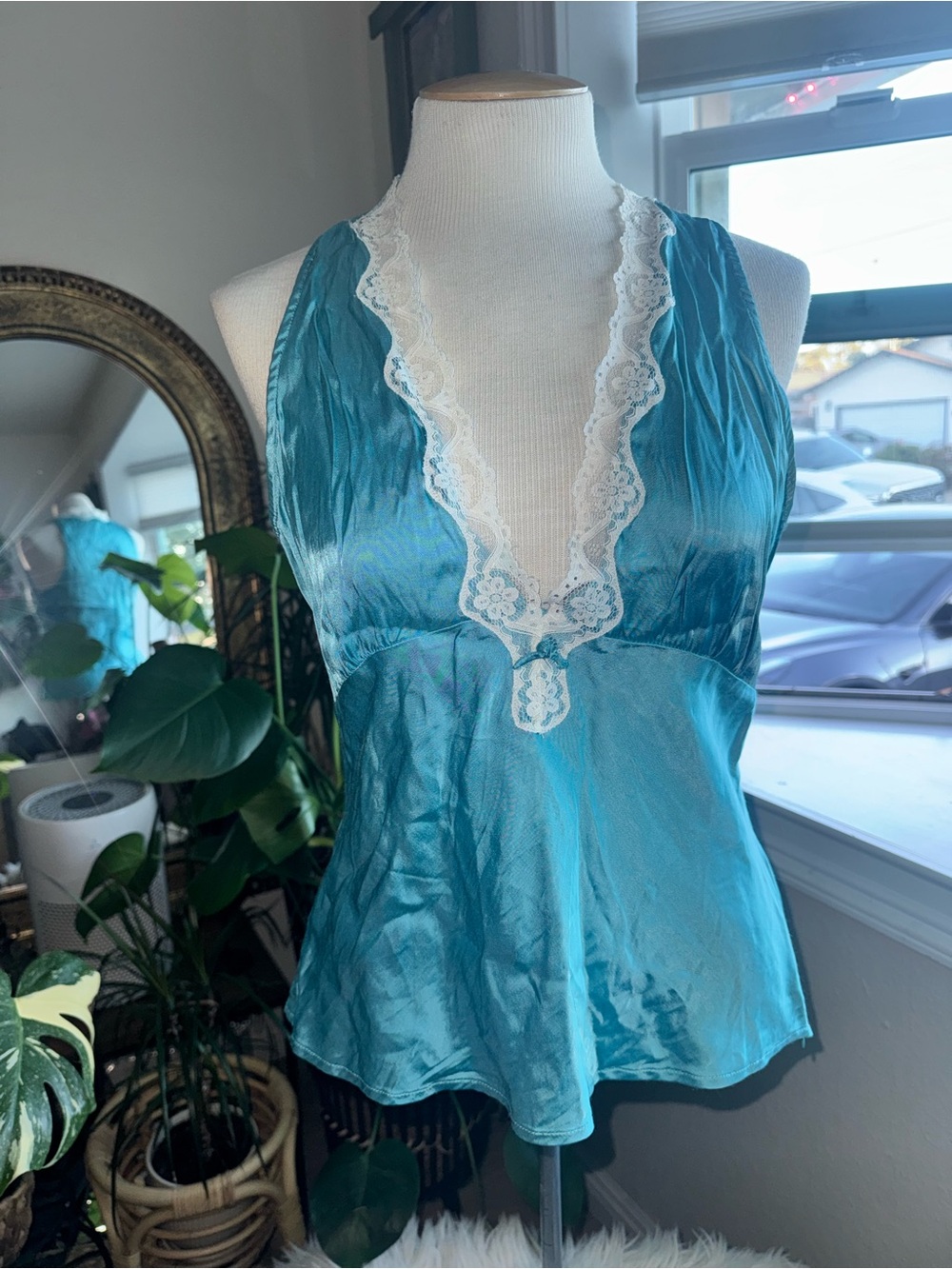 Vintage Esprit edc Y2K Teal Satin White Lace Cami Top